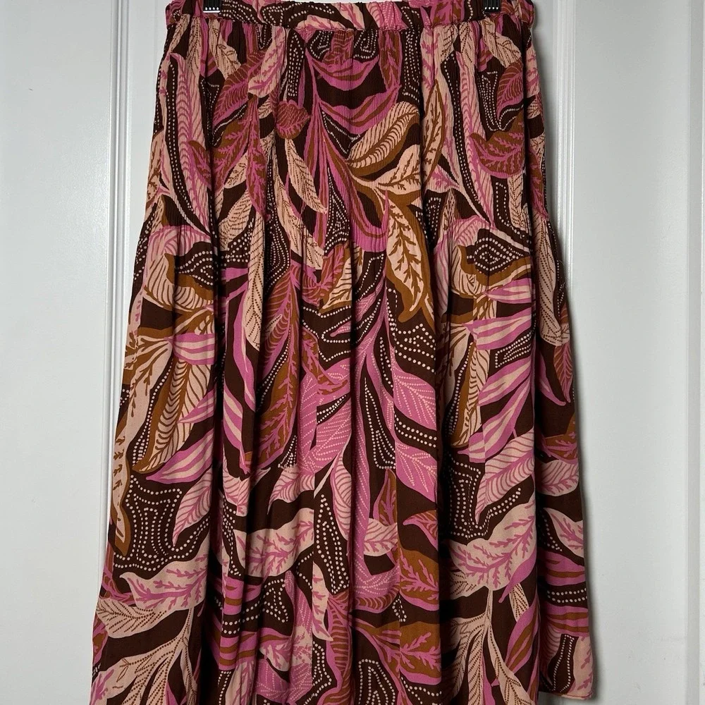 Sunny Leigh Vintage Y2K Brown Pink Botanical Leaf Print Gathered Midi Skirt‎